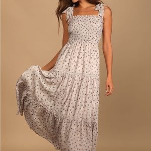 Blooming Perfection Taupe Floral Print Tie-Strap Smocked Dress